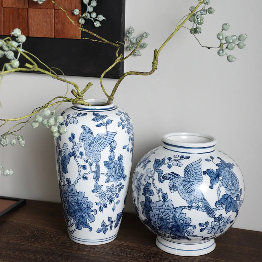 Chinoiserie Blue & White Porcelain Vase Flower Pot by DecorBites™