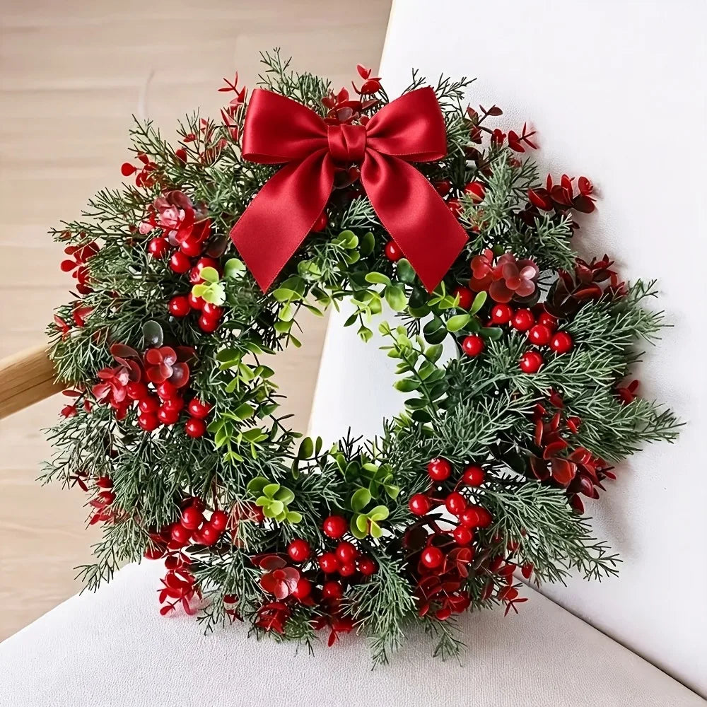 Holly Berries Christmas Wreath with Red Bow