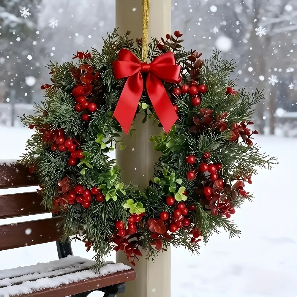 Holly Berries Christmas Wreath with Red Bow