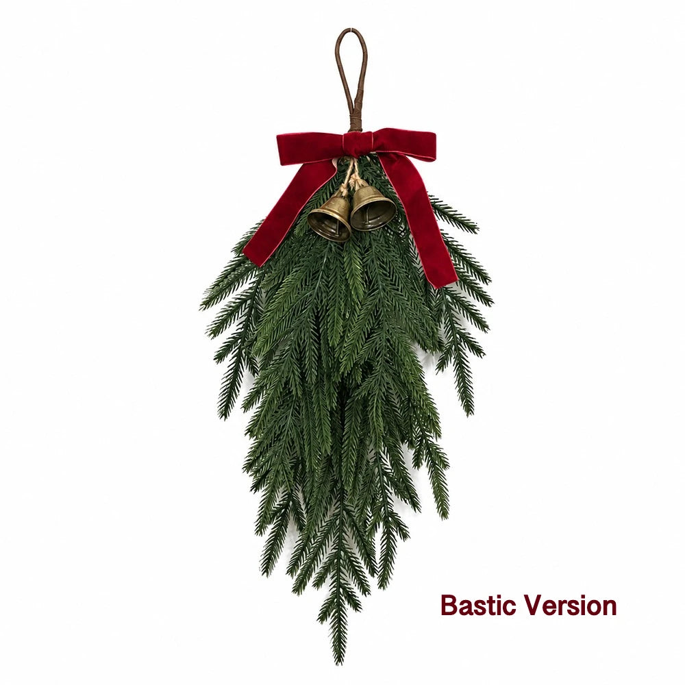 20” Realistic Christmas Pine Hanging Swag with Red Velvet Bow and Bells