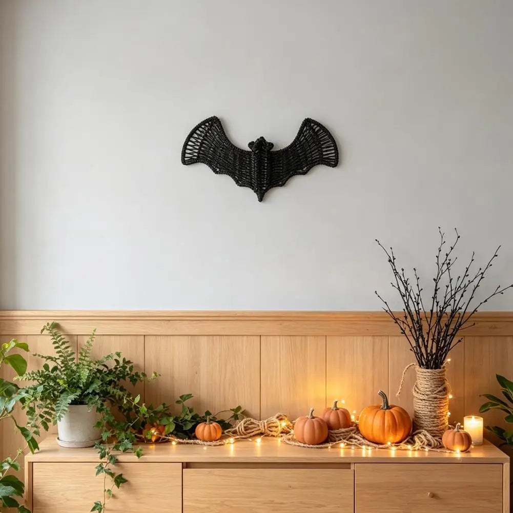 Woven Rattan Bat Wall Hanging Decoration Halloween Black Wicker Bat 3D Scary Rustic Decorations for Door Mantel Home Decor