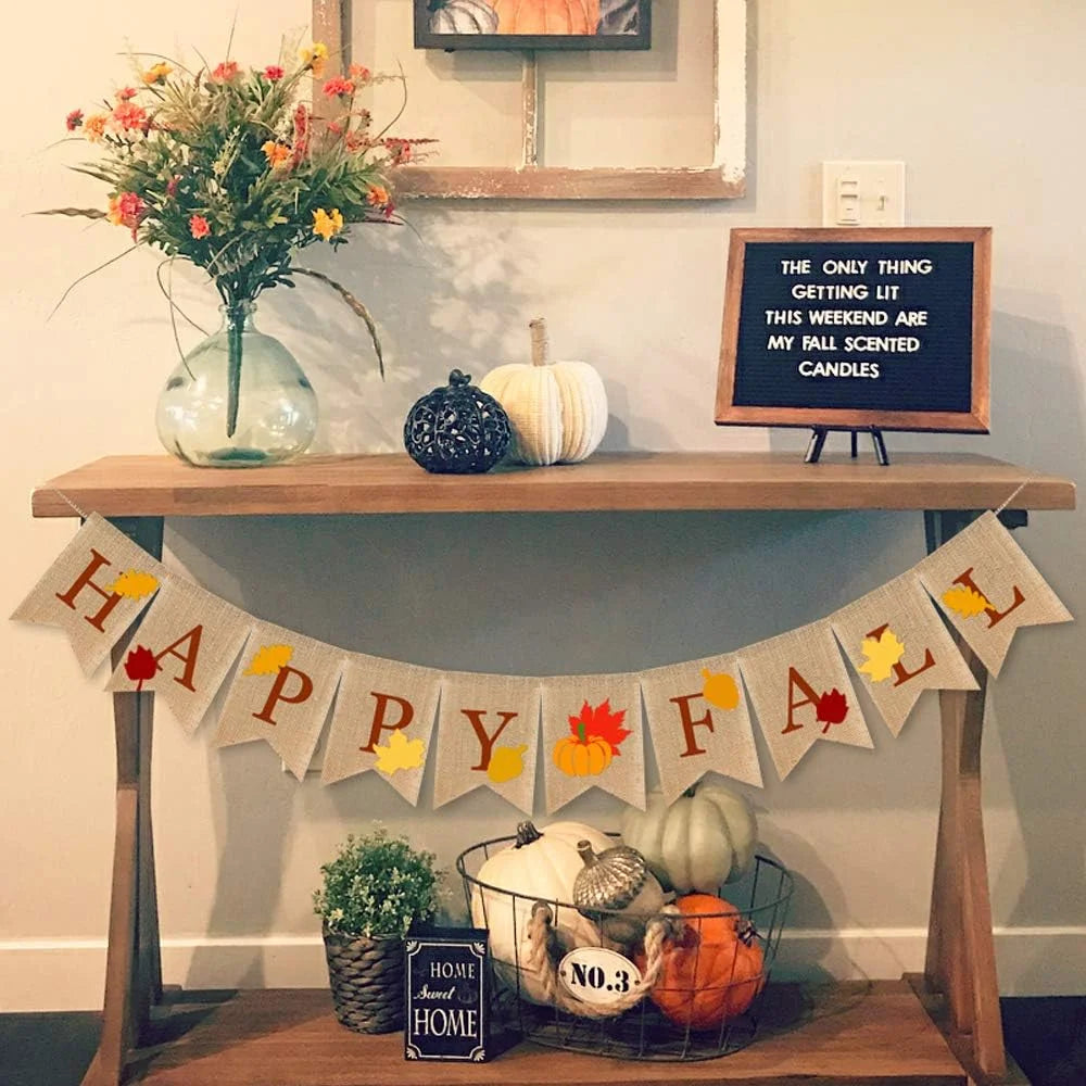 Happy Fall Burlap Banner with Pumpkin Fallen Leaves