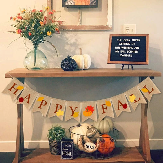 Happy Fall Burlap Banner with Pumpkin Fallen Leaves