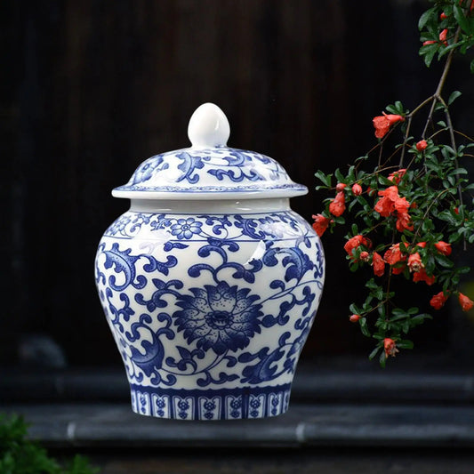 Chinoiserie Blue & White Porcelain Decorative Vase with Lid