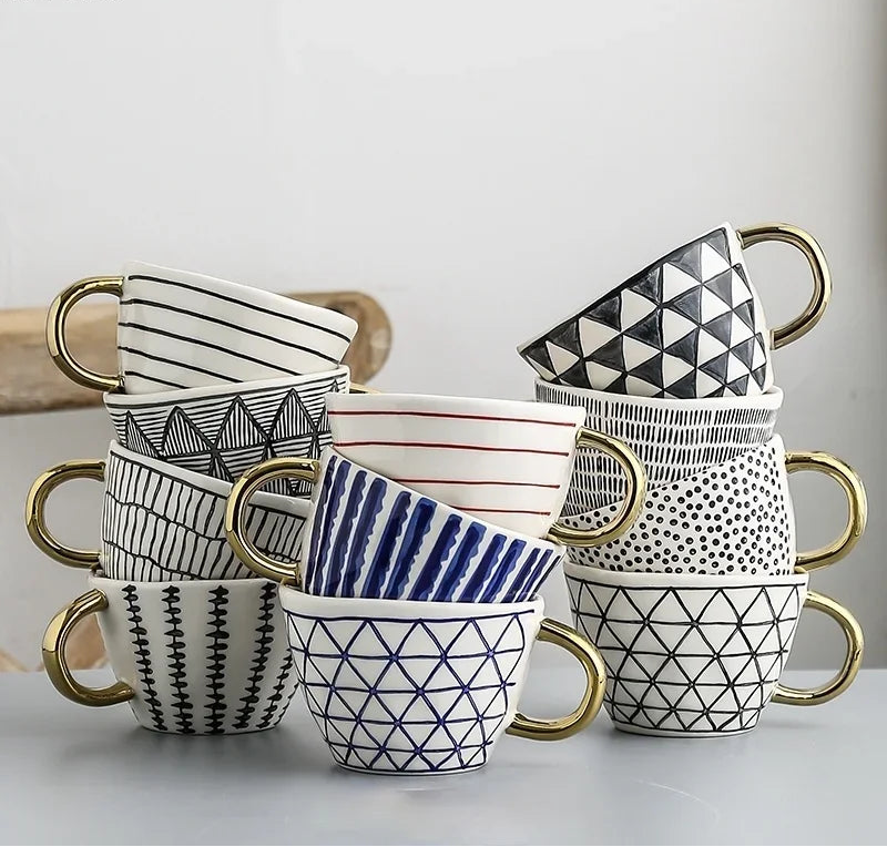Lechsi Hand-Painted Gold Handle Ceramic Mugs