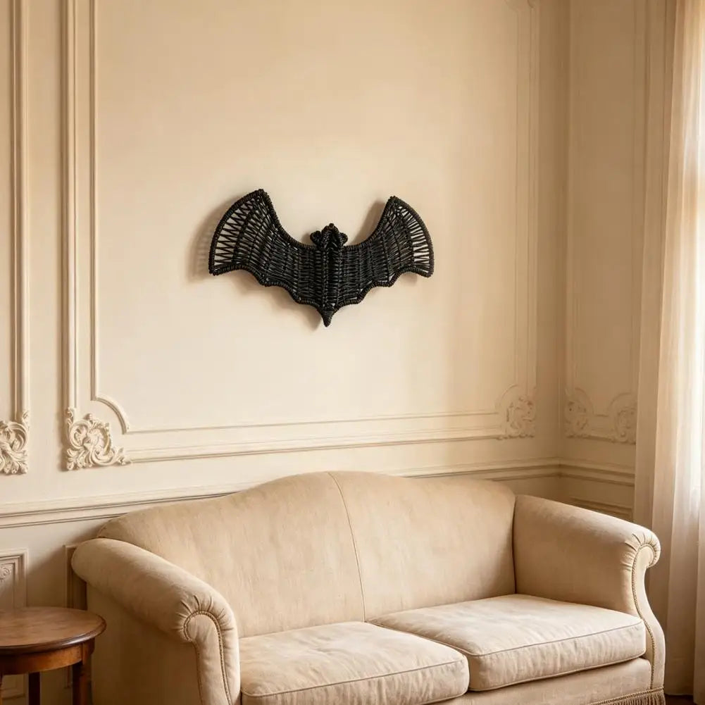 Woven Rattan Bat Wall Hanging Decoration Halloween Black Wicker Bat 3D Scary Rustic Decorations for Door Mantel Home Decor