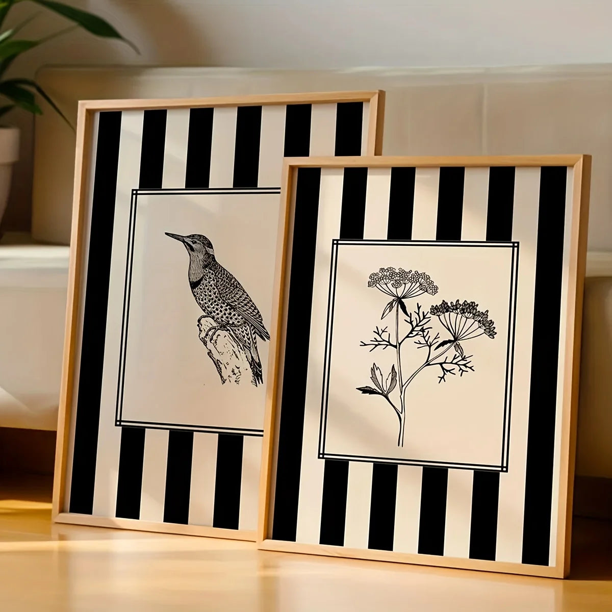 Black Bird & Floral Wall Art Set