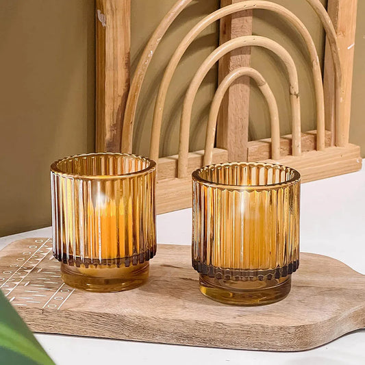 Vintage Ribbed Amber Glass Votive Candle Holders