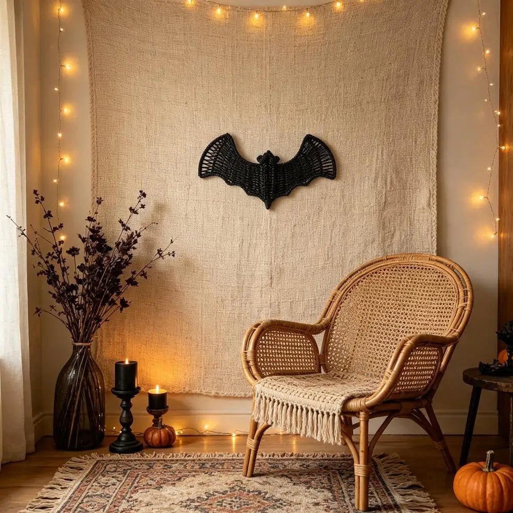 Woven Rattan Bat Wall Hanging Decoration Halloween Black Wicker Bat 3D Scary Rustic Decorations for Door Mantel Home Decor