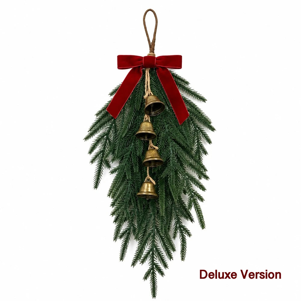 20” Realistic Christmas Pine Hanging Swag with Red Velvet Bow and Bells