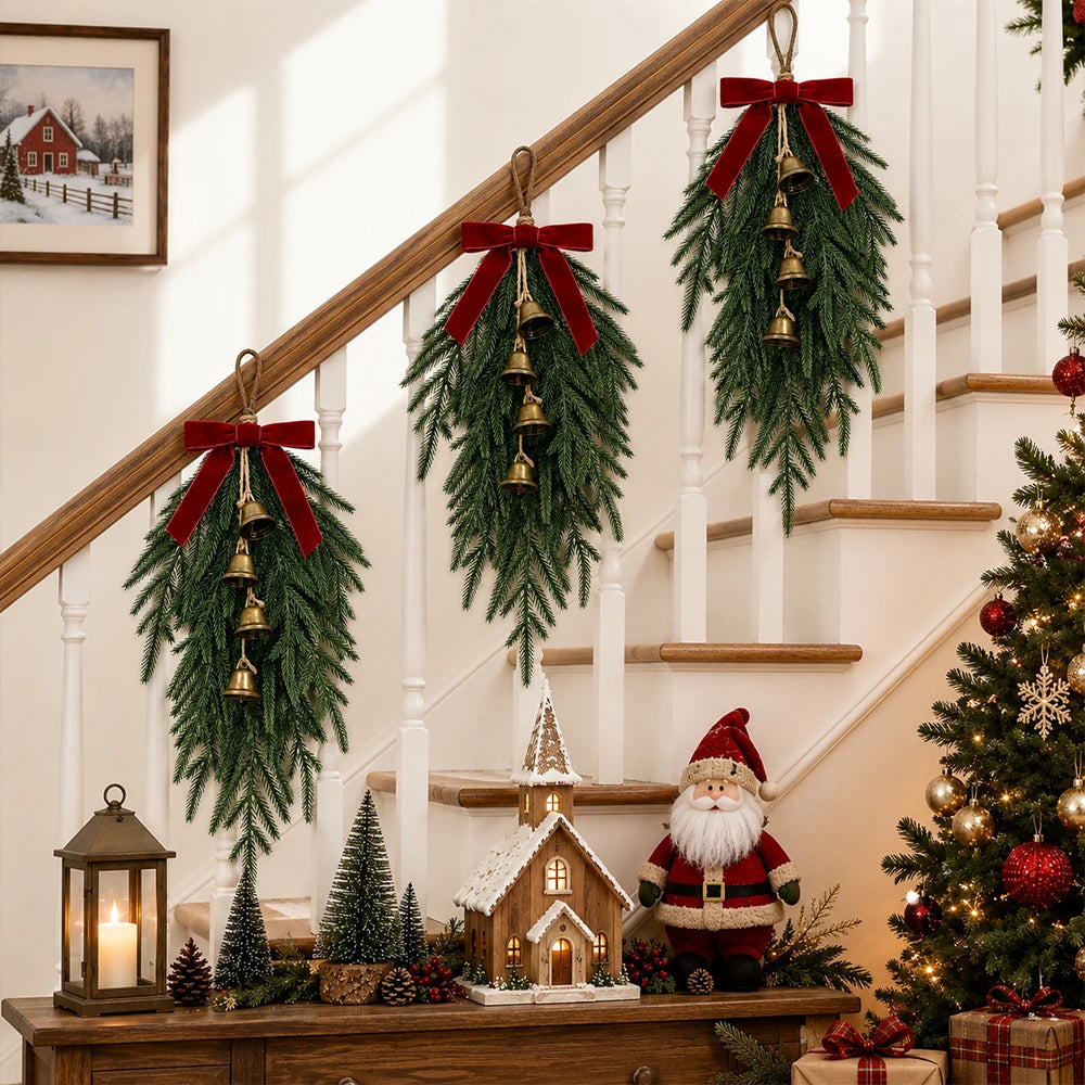20” Realistic Christmas Pine Hanging Swag with Red Velvet Bow and Bells