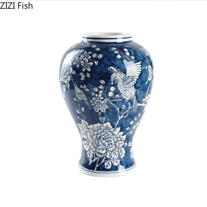 Blue Porcelain Vase: Flowers and Birds Table Decor by DecorBites™