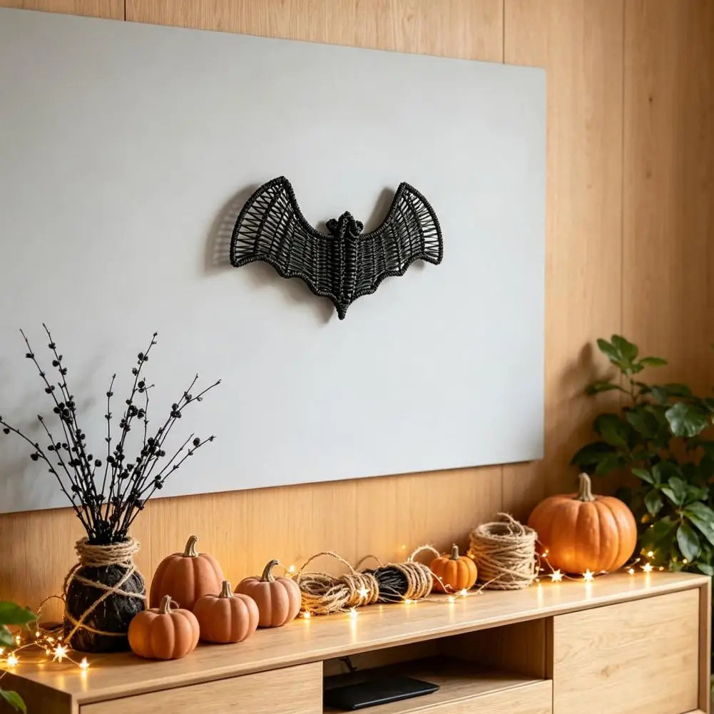 Woven Rattan Bat Wall Hanging Decoration Halloween Black Wicker Bat 3D Scary Rustic Decorations for Door Mantel Home Decor