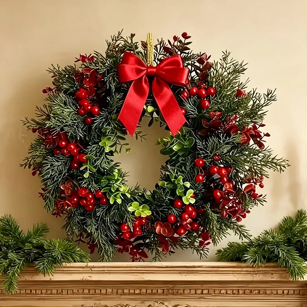 Holly Berries Christmas Wreath with Red Bow