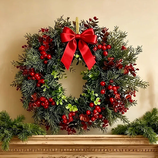Holly Berries Christmas Wreath with Red Bow
