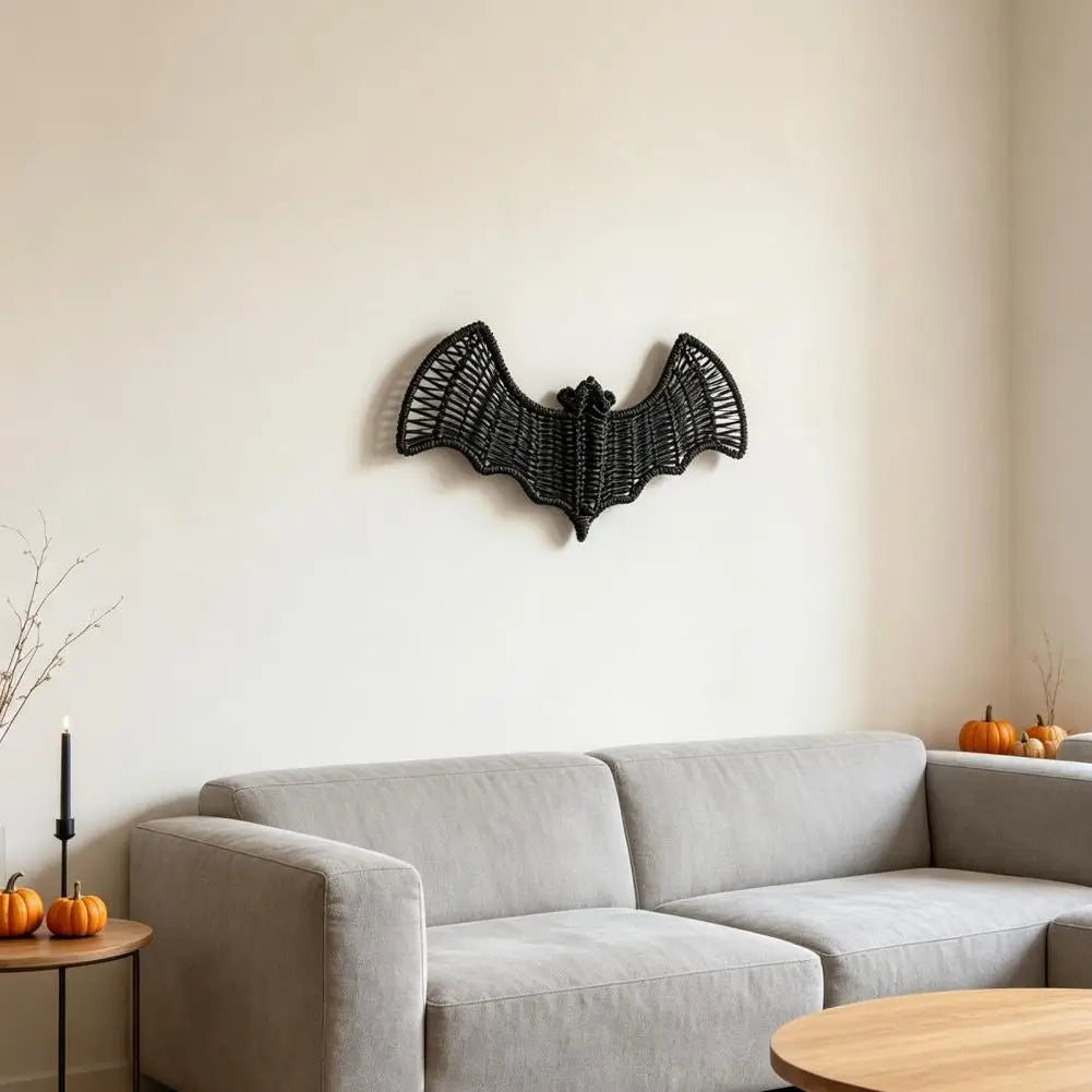 Woven Rattan Bat Wall Hanging Decoration Halloween Black Wicker Bat 3D Scary Rustic Decorations for Door Mantel Home Decor