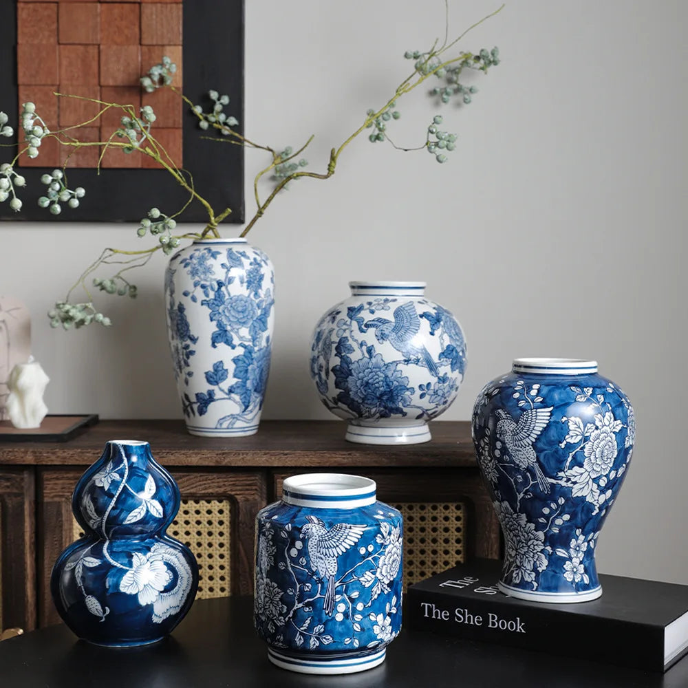 Chinoiserie Blue & White Porcelain Vase Flower Pot by DecorBites™
