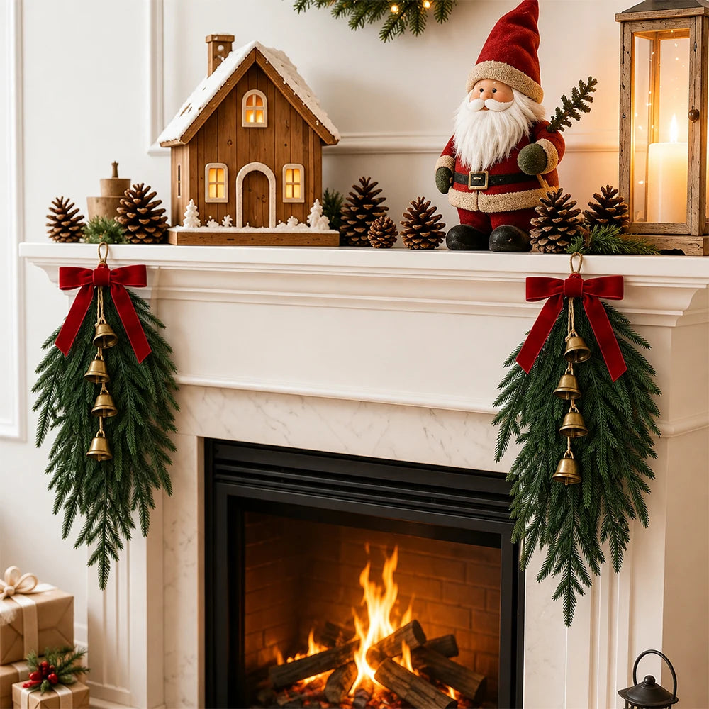 20” Realistic Christmas Pine Hanging Swag with Red Velvet Bow and Bells