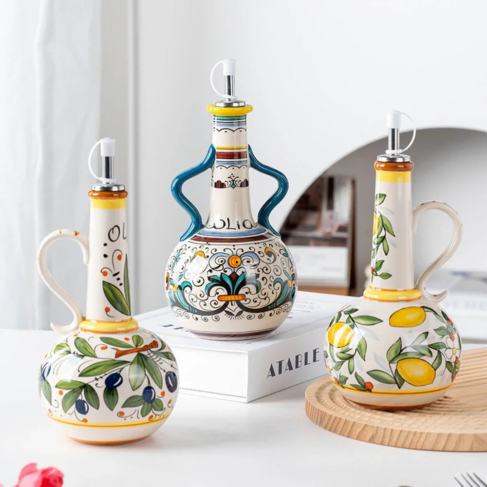Hand-Painted Ceramic Oil Bottle Kitchen Storage Nordic Vinegar Oil Dispenser Cooking Utensil for Home Use Kitchen Seasoning Jar