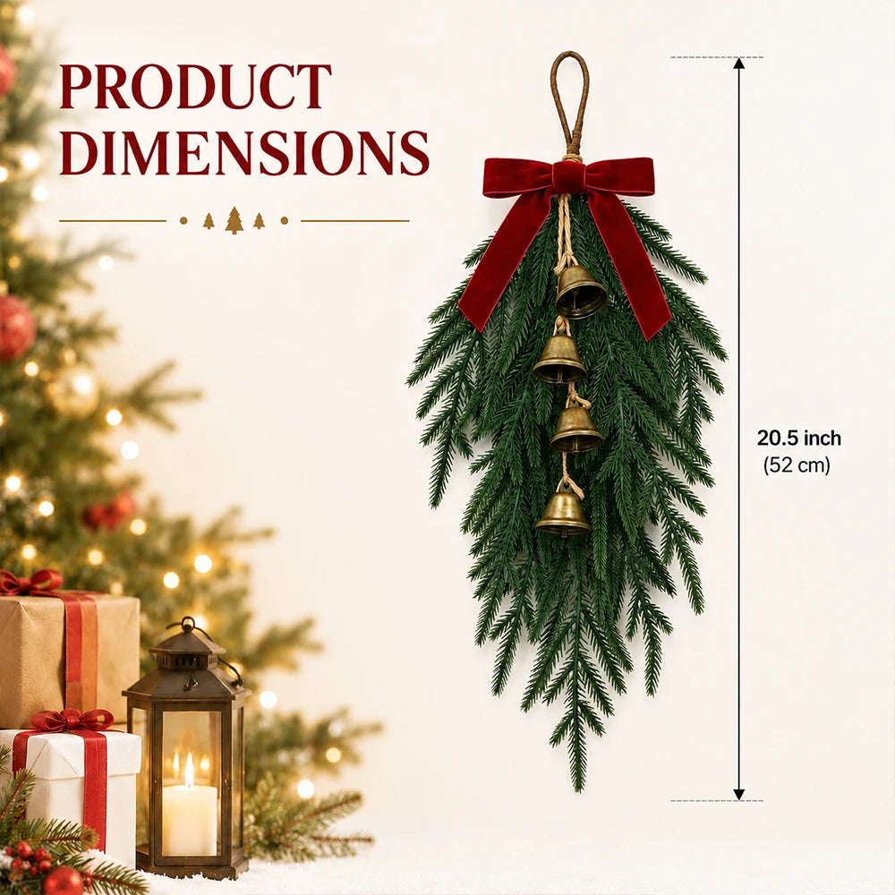 20” Realistic Christmas Pine Hanging Swag with Red Velvet Bow and Bells