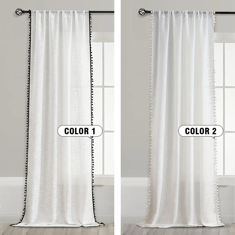 French Pom Pom Tassels Sheer Curtains