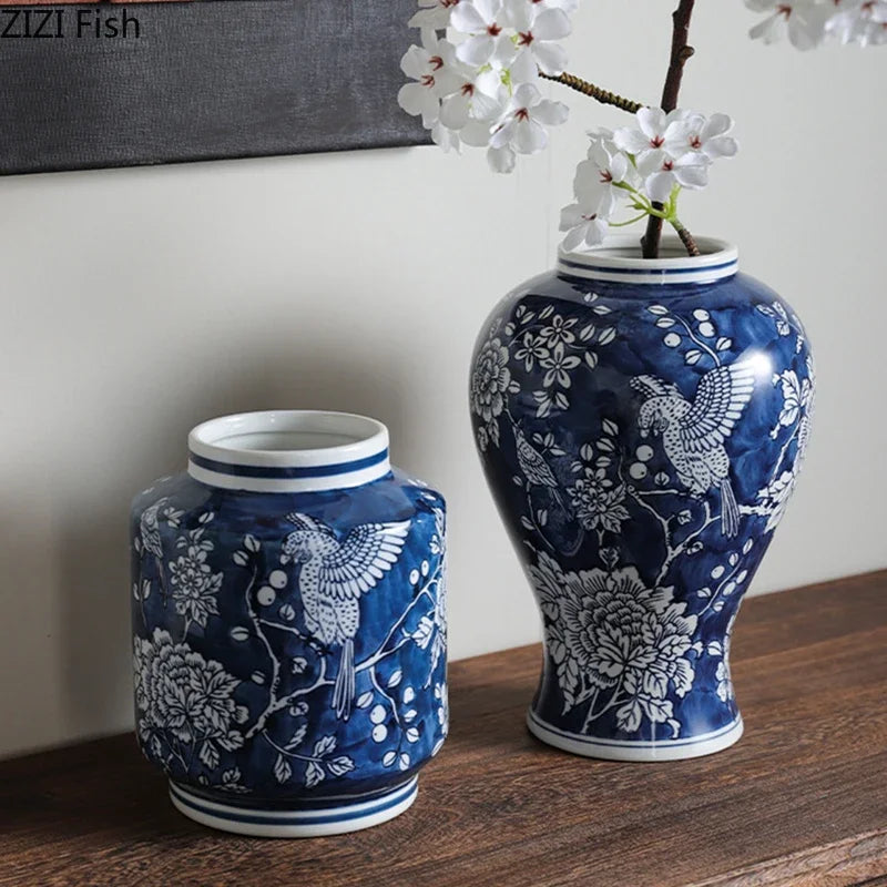 Blue Porcelain Vase: Flowers and Birds Table Decor by DecorBites™