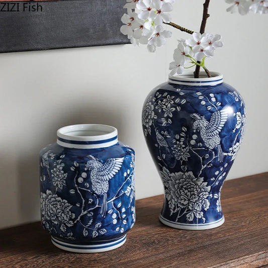 Blue Porcelain Vase: Flowers and Birds Table Decor by DecorBites™