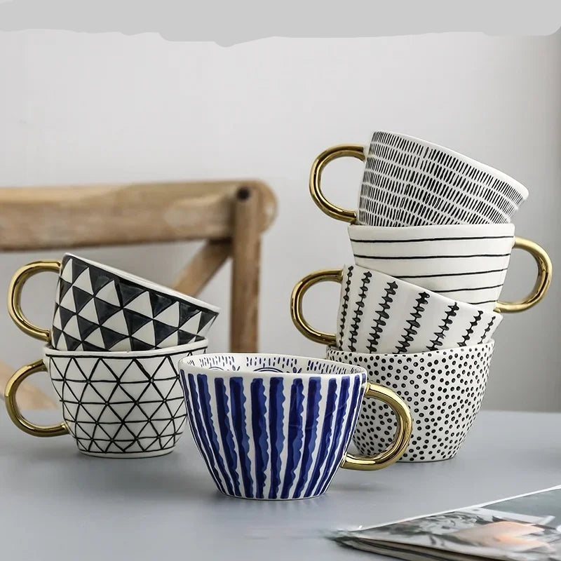 Lechsi Hand-Painted Gold Handle Ceramic Mugs