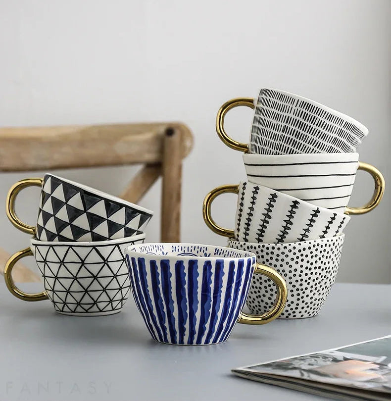 Lechsi Hand-Painted Gold Handle Ceramic Mugs