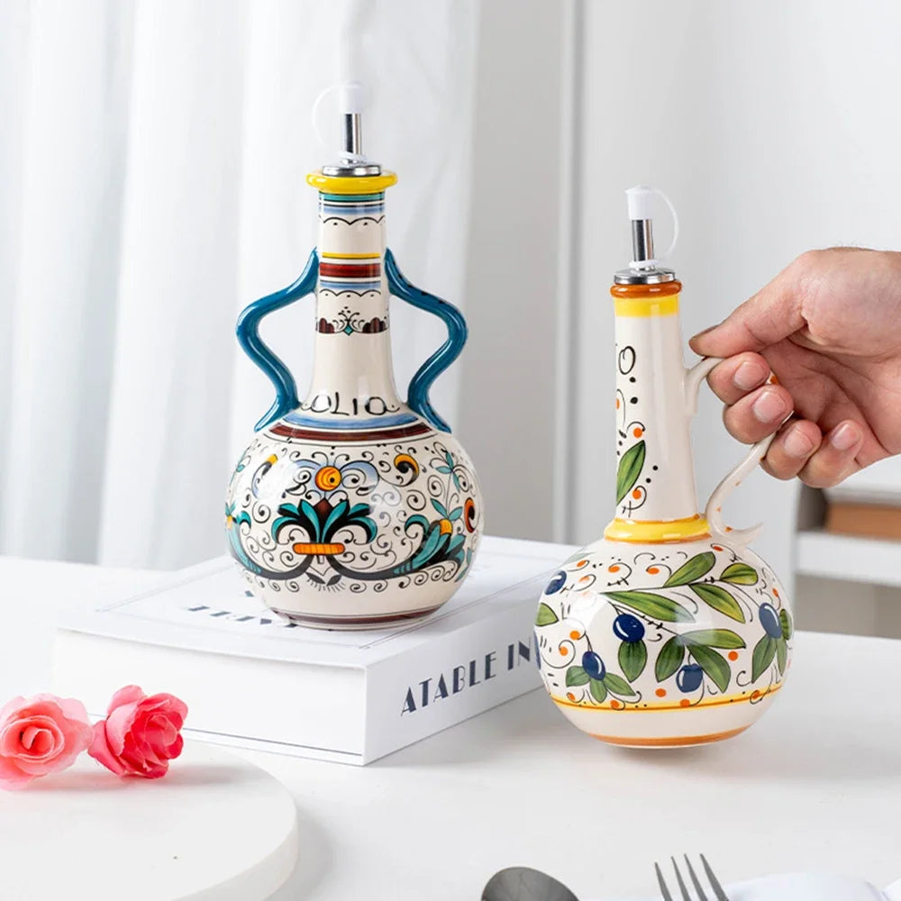 Hand-Painted Ceramic Oil Bottle Kitchen Storage Nordic Vinegar Oil Dispenser Cooking Utensil for Home Use Kitchen Seasoning Jar