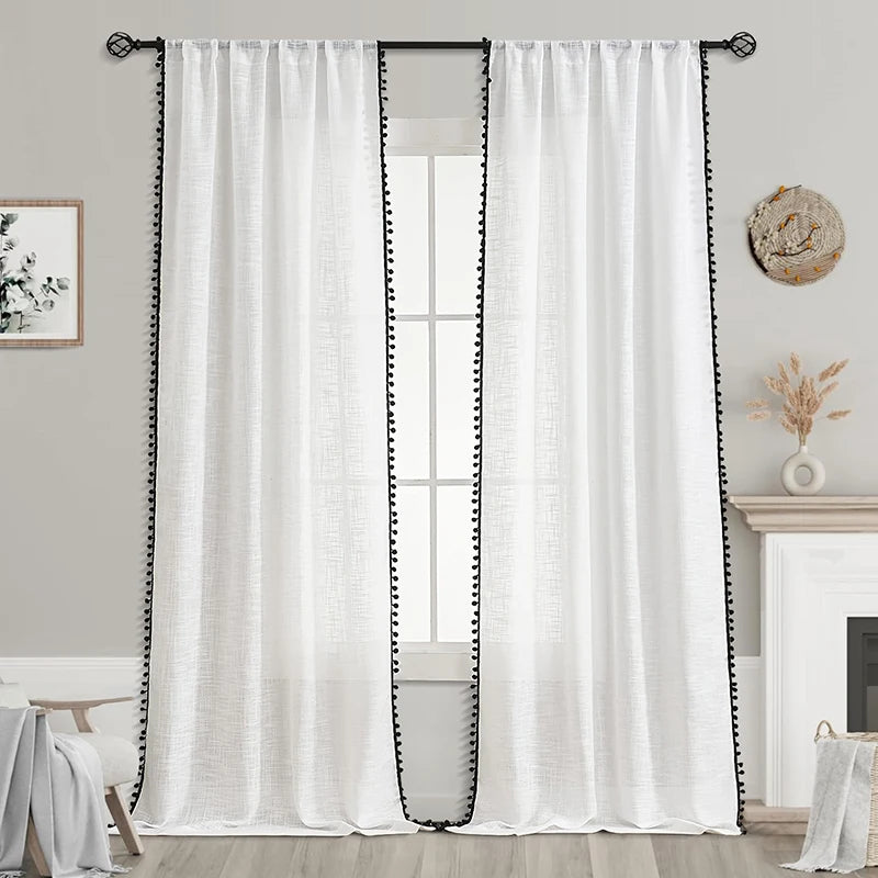 French Pom Pom Tassels Sheer Curtains