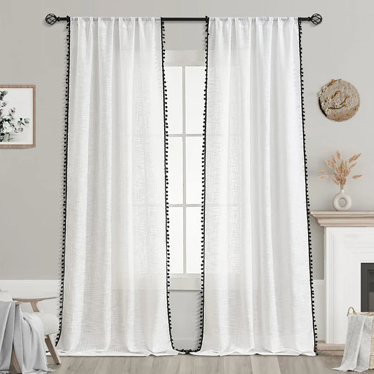 French Pom Pom Tassels Sheer Curtains