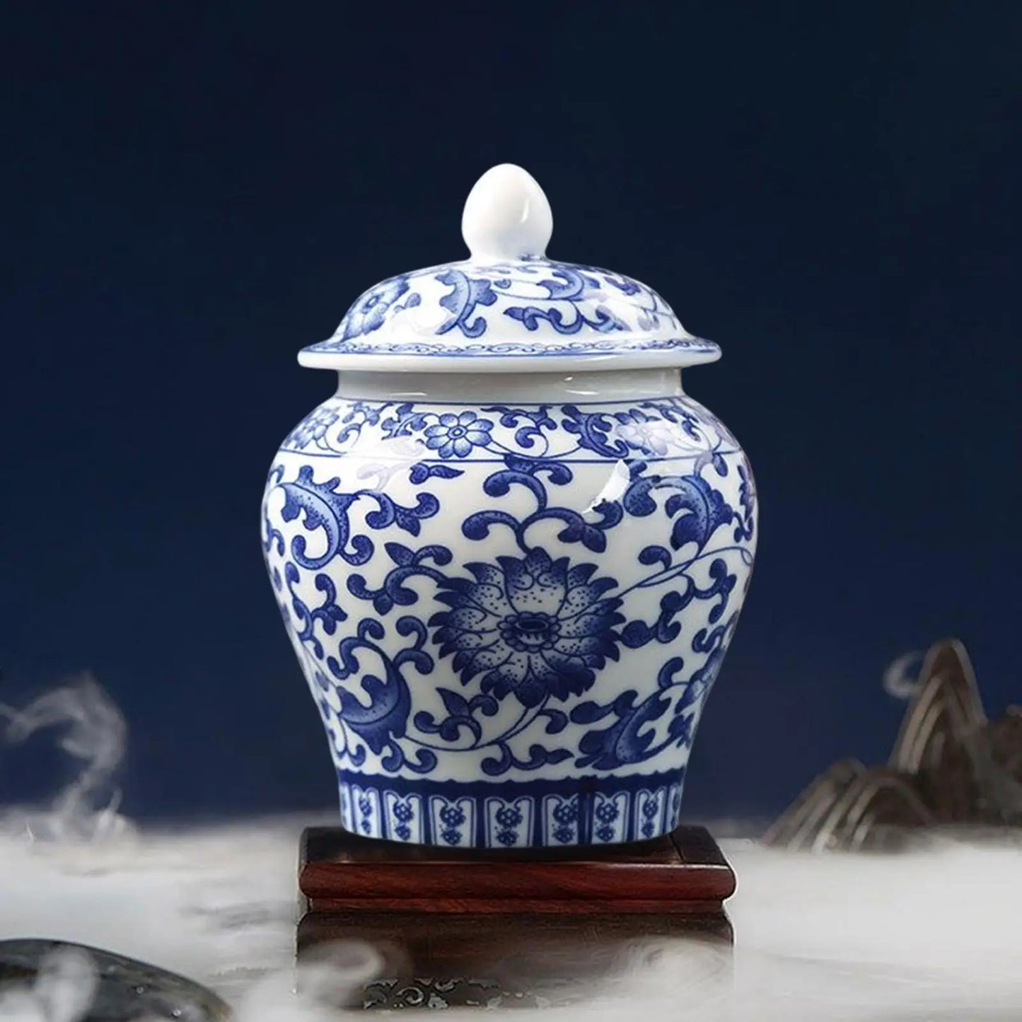 Chinoiserie Blue & White Porcelain Decorative Vase with Lid