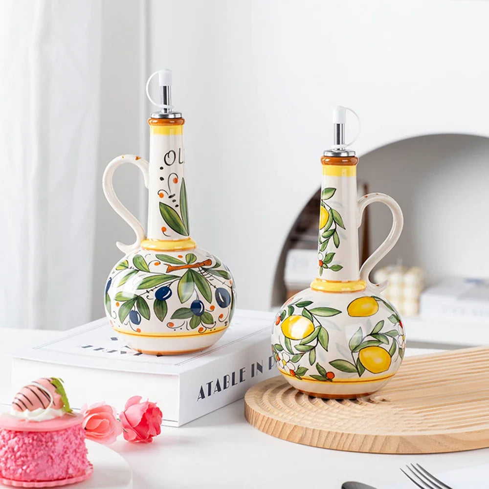 Hand-Painted Ceramic Oil Bottle Kitchen Storage Nordic Vinegar Oil Dispenser Cooking Utensil for Home Use Kitchen Seasoning Jar
