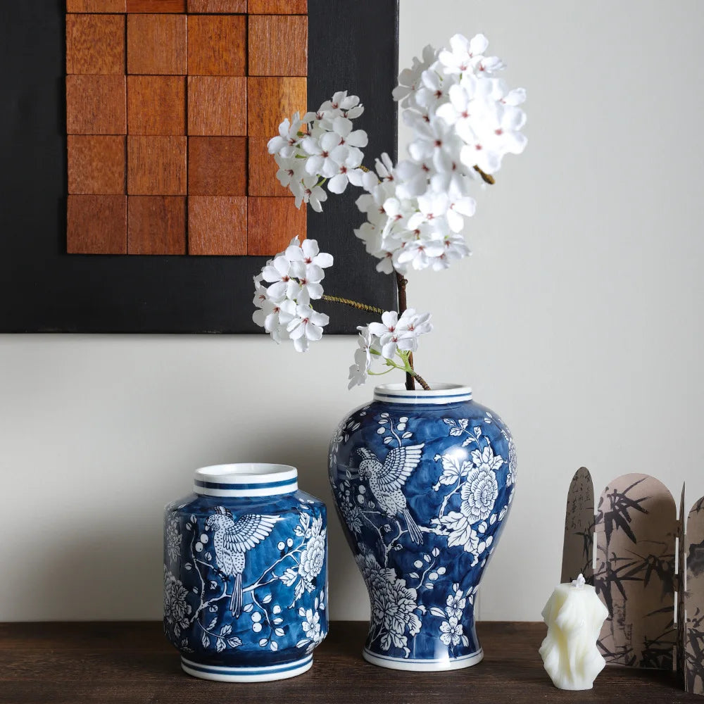 Chinoiserie Blue & White Porcelain Vase Flower Pot by DecorBites™