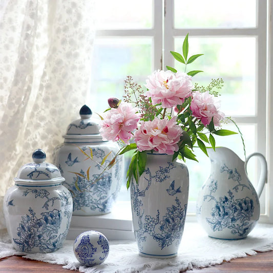 Blue & White Flower Porcelain Vase by DecorBites™