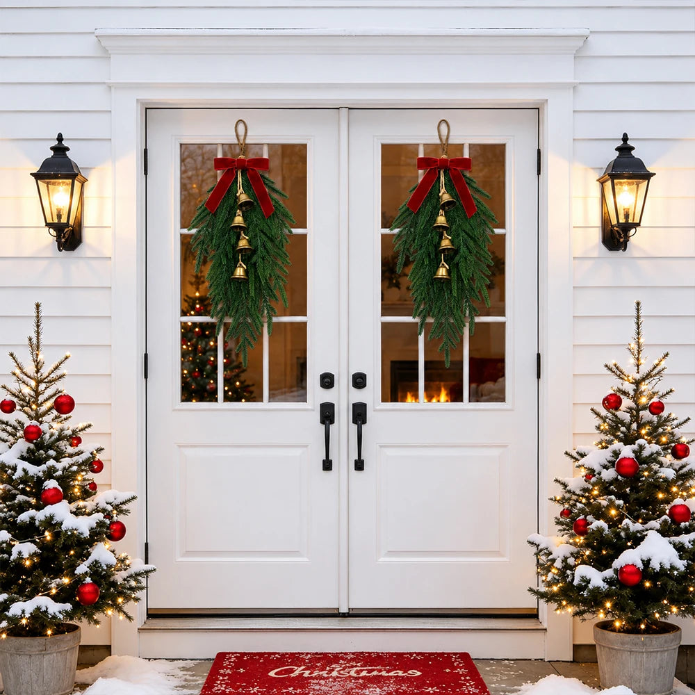 20” Realistic Christmas Pine Hanging Swag with Red Velvet Bow and Bells
