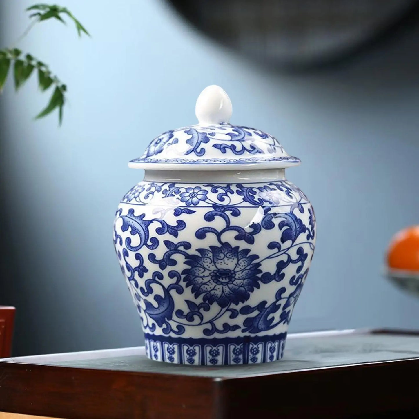 Chinoiserie Blue & White Porcelain Decorative Vase with Lid