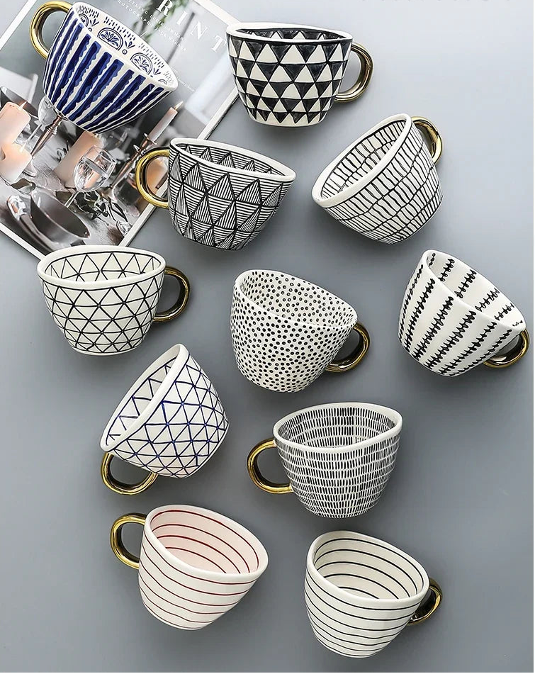 Lechsi Hand-Painted Gold Handle Ceramic Mugs