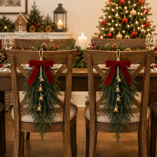 20” Realistic Christmas Pine Hanging Swag with Red Velvet Bow and Bells
