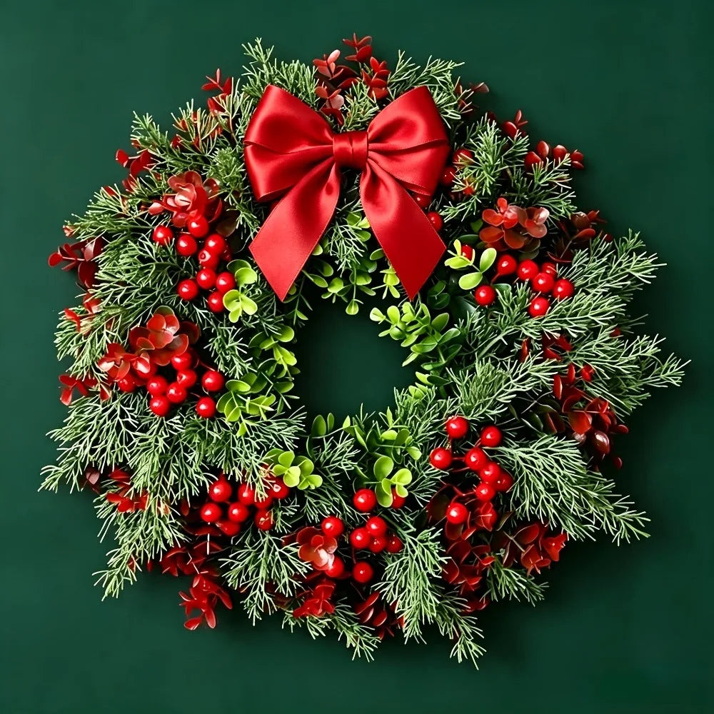 Holly Berries Christmas Wreath with Red Bow
