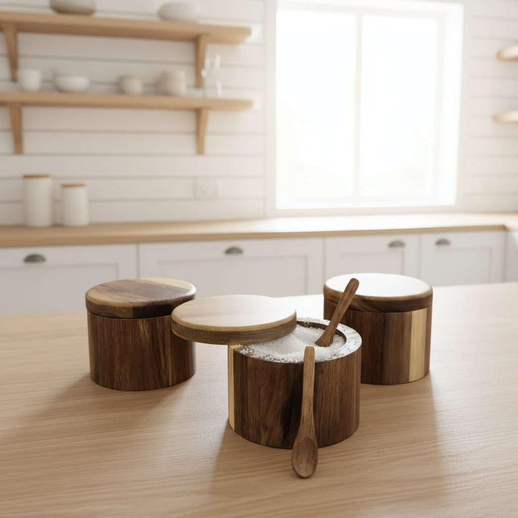 Acacia Wood Salt Cellar + Spoon