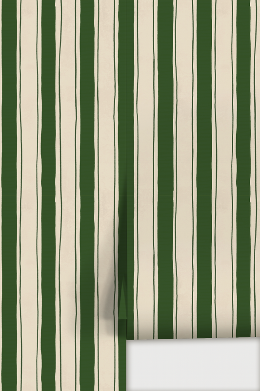 Riviera Stripe Wallpaper, off-white and dark green