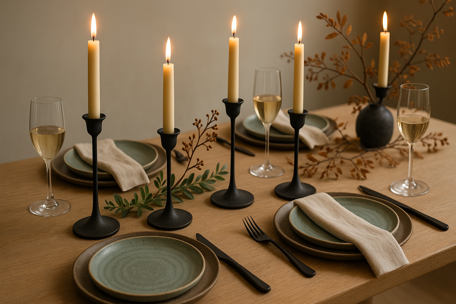 a modern seasonal table scape with iron taper candle holders, earthenware plates and champagne flutes in shades of black, taupe, seafoam and cream