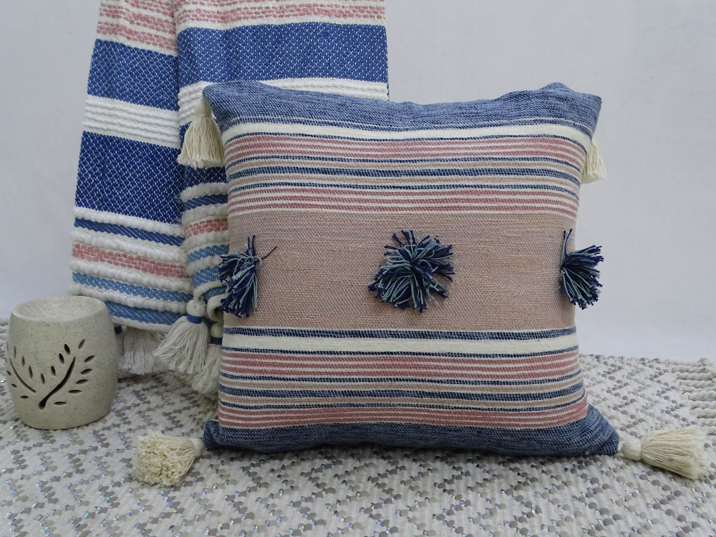 Americana Throw Pillow with Tassels and Pom-Poms