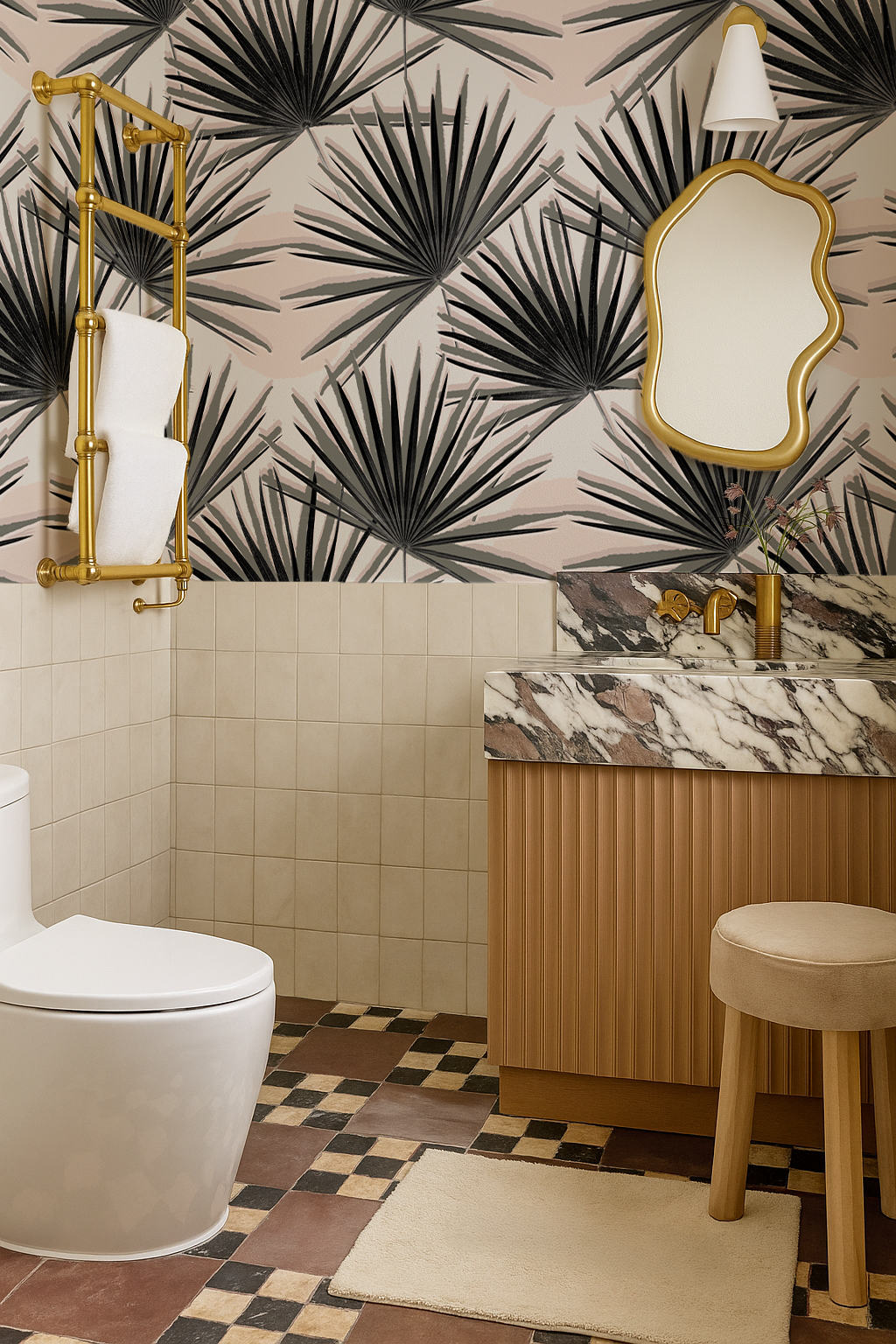 Palm Deco Wallpaper, black and blush