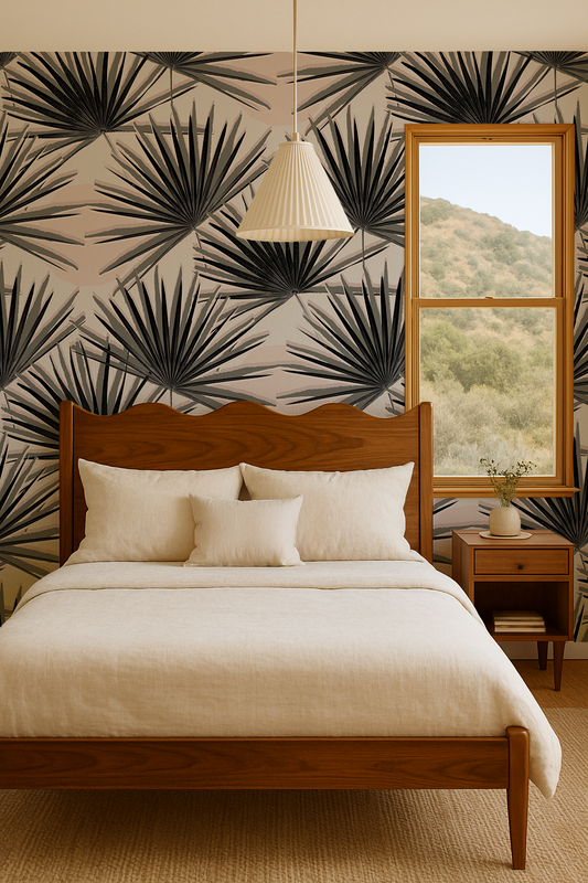 Palm Deco Wallpaper, black and blush