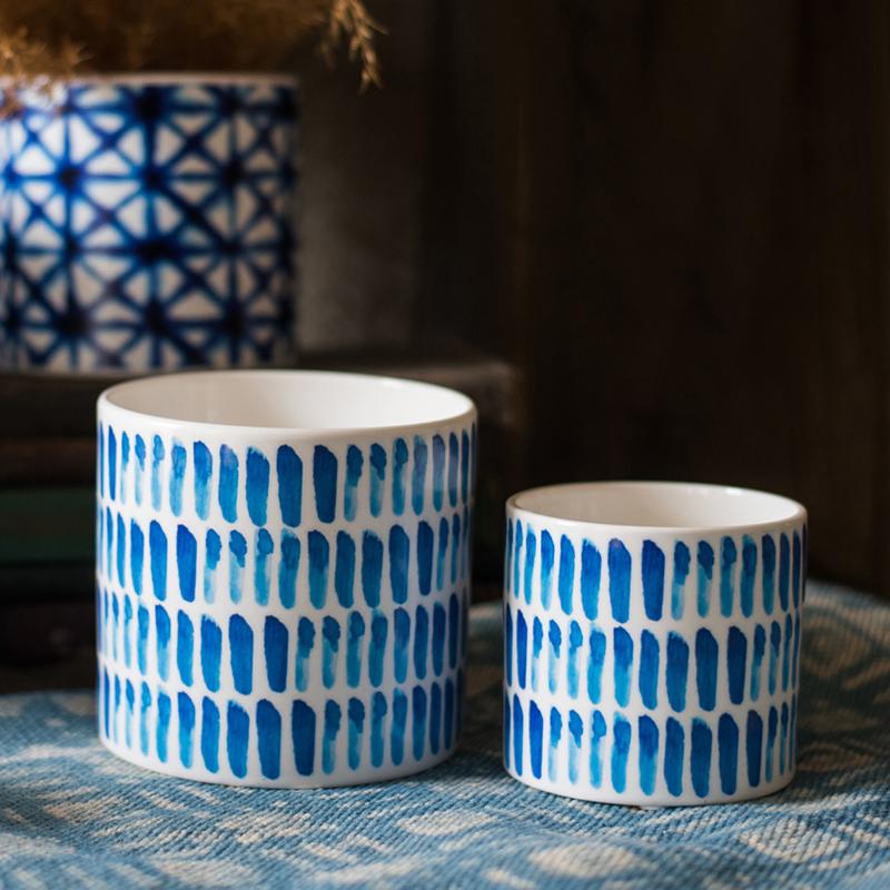 Geometric Blue Print Ceramic Planter