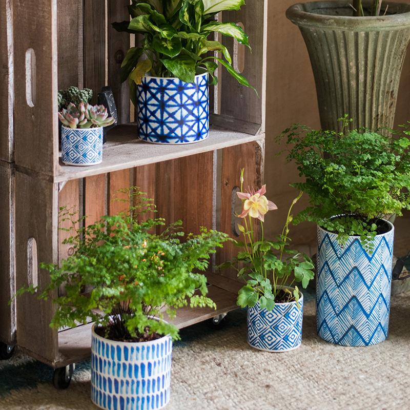 Geometric Blue Print Ceramic Planter