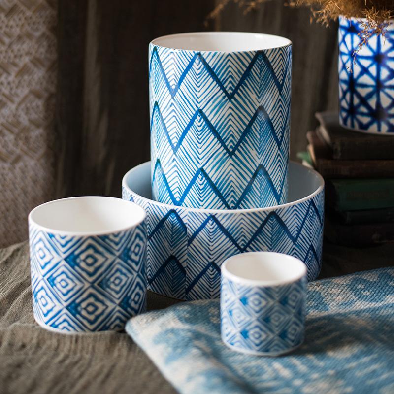 Geometric Blue Print Ceramic Planter
